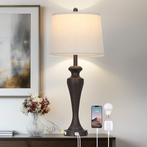 CINSARY 30 Inch Tall Brown Table Lamp Single, Touch Control Living Room Lamp with USB A+C Ports and AC Outlet, 3-Way Dimmable Bedside Lamps for Nightstand, Modern Metal Bedroom Lamps for End Table - color: Brown (1 Pack)