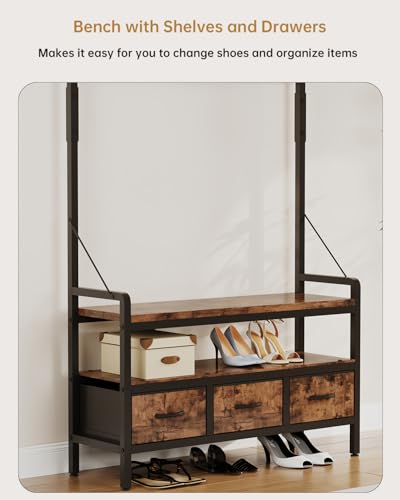 Hall Tree with Bench and Shoe Storage, Freestanding Entryway Coat Rack with 3 Fabric Drawers, 16 Hooks