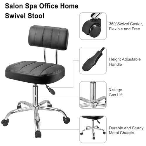 JOSTZHXIN Office Desk Chair with Wheels, Rolling Stool with Backrest Height Adjustable, Swivel Stool with Low Back Lumbar Support, Square PU Leather Swivel Chair with Back