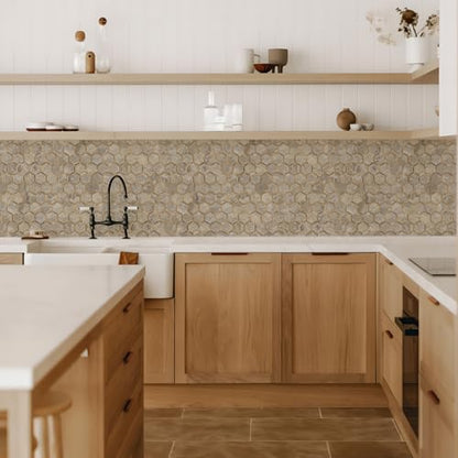 STICKGOO Hexagon Peel and Stick Backsplash Tile, Stick on Backsplash for Kitchen and Bathroom, Stone Beige PVC Mixed Metal Gold Self Adhesive Wall Tiles(10 Sheets, Seamless) - color: Stone Beige with Metal Gold