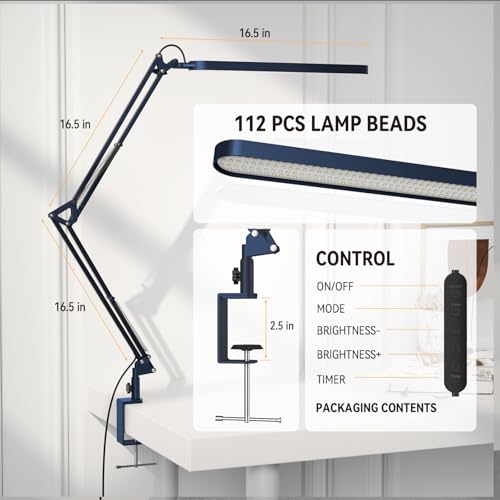 Desk Lamp - LED Desk Light - 5 Color Modes X 11 Brightness Levels - Adjustable Swing Arm - Timmer & Memory Function - 12W Lamp for Desk - Blue - style: Blue swing arm