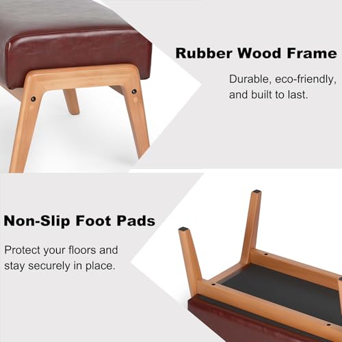 Foot Stool, Leatherette Wooden Step Stool, Modern Rectangle Ottoman Wide Vanity Stool with Cushion for Couch Living Room Bedroom Entryway, Brown - color: Brown
