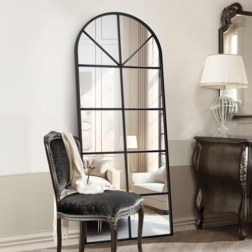 Floor Full Length Mirror, 71"x32" Large Arched Window Pane Mirror, Oversize Wall Full Body Mirrors, Black Farmhouse Standing Mirrors Hanging or Leaning for Living Room, Entryway, No Stand - color: Window Mirror-black, size: 71"L x 32"W