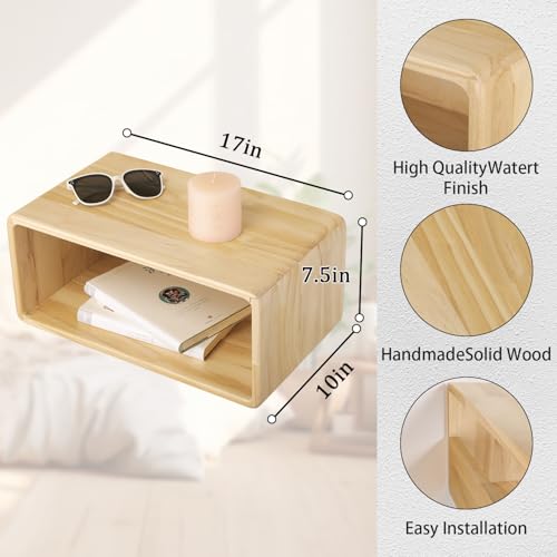 Floating Nightstand, Wall Mounted Bedside Table Wood Bedside Shelf Floating Shelves for Bedroom Bathroom Kitchen Office 18”x 10”x 7.5” Natural - color: Crude Wood