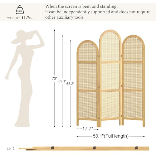 3-Panel Hand-Woven Rattan Room Divider, Tall Foldable Privacy Screen with Wooden Frame - Freestanding Portable Partition for Home Office, Bedroom, Bathroom(Natural-Wave) - color: Natural-wave