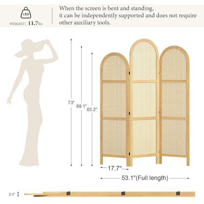 3-Panel Hand-Woven Rattan Room Divider, Tall Foldable Privacy Screen with Wooden Frame - Freestanding Portable Partition for Home Office, Bedroom, Bathroom(Natural-Wave) - color: Natural-wave