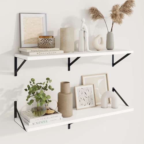 Deep Floating Shelves, 36'' x 10'' White Wall Shelves Set of 2 | 10 Inch Deep Shelves with Heavy Duty Brackets, Rustic Wood Shelves for Bathroom Living Room, Engineered Wood, 45LBS - color: White, size: 36W x 10D
