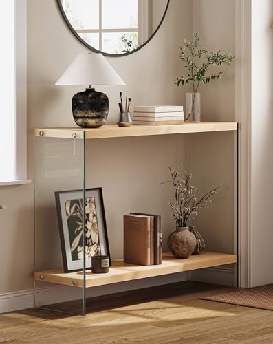Console Table 2-Tier: 39.4 in Wide Rectangle Wood Shelf Glass Sides | Modern Desk Console Sofa Table Stand for Entryway - size: 39.3“W x 11.8"D x 30"H