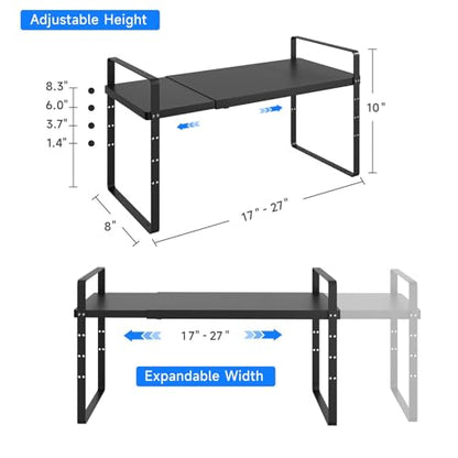 Expandable Cabinet Shelf Organizer, Stackable Kitchen Pantry Counter Storage, Adjustable Closet Cupboard Stand Rack Risers Spice Organization 80LBS Heavy Duty Black 2 Pack - color: Black Small