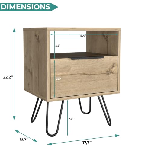 Tuhome Augusta Nightstand, Small Night Stand with Storage Drawer & Open Shelf, 22.2" Tall Narrow Bedside Table on Metal Hairpin Legs, Engineered Wood, Black or Light Oak - color: Light Oak