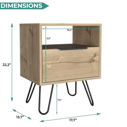 Tuhome Augusta Nightstand, Small Night Stand with Storage Drawer & Open Shelf, 22.2" Tall Narrow Bedside Table on Metal Hairpin Legs, Engineered Wood, Black or Light Oak - color: Light Oak