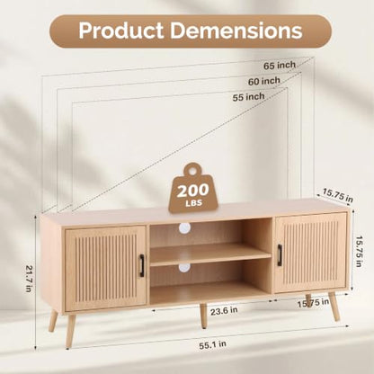Modern TV Stand for 65 Inch TV, Oak Entertainment Center with Storage | Modern Fluted Boho Design, Adjustable Shelf, 4 Cable Management Holes, Stable Support TV Console for Living Room & Bedroom