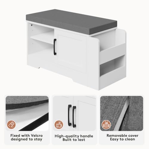 Farmhouse Shoe Storage Bench with 3-in-1 Entryway Storage & Padded Seat | 27.8" Wide Entryway Bench with Adjustable Shelves, Shoe Organizer & Side Storage Rack for Living Room, Bedroom, White - size: 27.8" Wide
