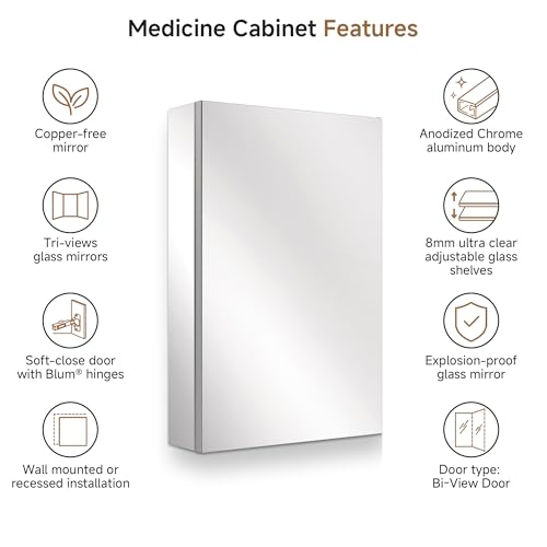 16" x 24" Bathroom Medicine Cabinet with Mirror, Recessed or Wall Mount | Medicine Cabinets with Adjustable Glass Shelves, Soft-Closed Hinge, Chrome Aluminum Frame, Reverse Installation - size: 16" x 24"
