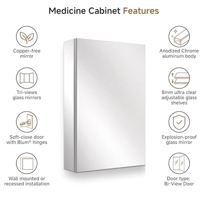 16" x 24" Bathroom Medicine Cabinet with Mirror, Recessed or Wall Mount | Medicine Cabinets with Adjustable Glass Shelves, Soft-Closed Hinge, Chrome Aluminum Frame, Reverse Installation - size: 16" x 24"