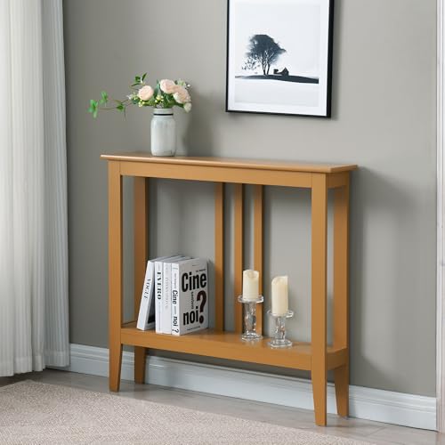 Kings Brand Narrow Console Table w/Storage Shelf for Hallway, Honey Mustard | Slim Sofa Table for Hallway, Foyer or Living Room w/ Open Shelf for Décor, Books & Everyday Essentials - color: Honey Mustard