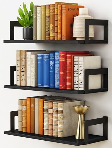 Harwaya Wall Mounted Bookshelf, Floating Bookshelves for Bedroom, 17 Inches Long Wall Mount Book Shelves for Living Room Office Books, Black Wall Book Holder Bookcase (Set of 3) - color: Black, size: 17 x 8 Inch