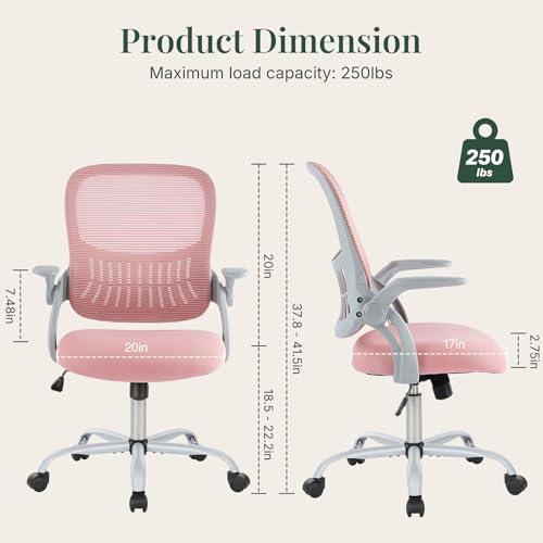 Home Office Desk Chair with Flip-up Armrest, Computer Chair | Lumbar Support, Height Adjustable, Mesh Mid-Back, Ergonomic Task Gaming Chair with 360° Swivel Wheels for Adults, Pink - color: Pink, size: 18.5D'' Flip-up Arm