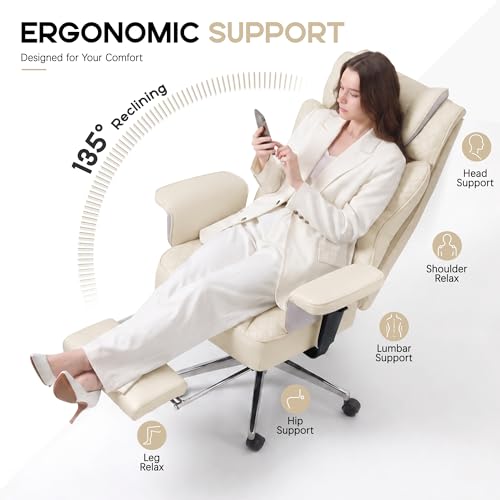 Office Desk Chair, High-Back Big and Tall Leather Chair with Footrest | Ergonomic Reclining Computer Chairs, Comfy Executive Wide Chair with Lumbar Support, Adjustable Armrests, 400LBS (Beige) - color: Beige