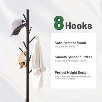 kiplant Black Coat Rack Stand, Bamboo Wood Freestanding Coat Tree with 8 Hooks, Hallway Entryway Hat Hanger Organizer Standing for Bedroom, Office, Clothes, Jackets, Bags, Umbrallas - color: Black