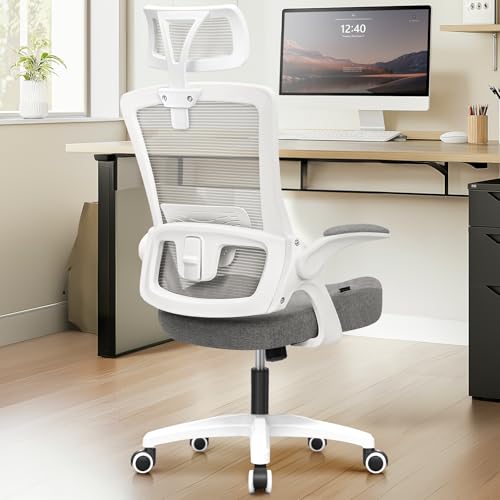 NEO CHAIR Office Desk Chair with Ergonomic High Back Mesh Headrest, Grey | Adjustable Headrest and Lumbar Support with Flip-Up Armrests Designed for Extended Sitting Comfort While Saving Space - color: Grey