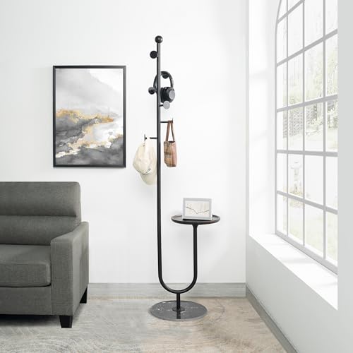 Coat Rack Freestanding with Table for Entryway (Black) | Easy Assembly, Space Saver, Metal Pole, Marble Base, Bamboo Tray, 6 Hooks, Bedroom, Living Room, Office, Entryway Corner - color: Black