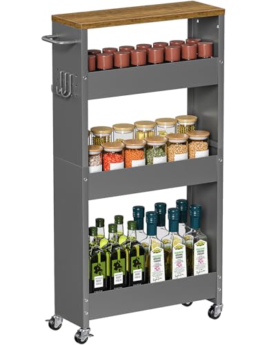 XYZLVSI Slim Storage Cart, Narrow Kitchen Rolling Cart for Small Spaces | 5.9" W skinny storage cart, 12.4" bottom metal utility cart with 360° swivel wheels for bathroom/laundry, slim shelf, Gray - size: 5.9IN-Gray