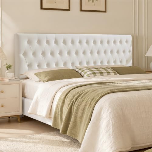 Tufted Upholstered King Size Bed Headboard in Modern Button Design, Adjustable Solid Wood Head Board, Premium Velvet Fabric Padded Headboards in Bedroom (White) - color: White, size: King