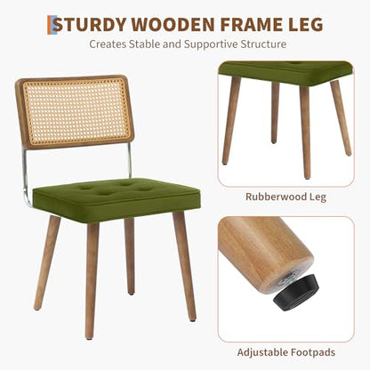 GarveeHome Natural Rattan Dining Chairs Set of 4, Velvet Upholstered Kitchen Chairs with Tall Cane Backrest and Strong Wood Legs for Dining Room, Kitchen, Restaurant, Green - color: Green, size: 4 PCS