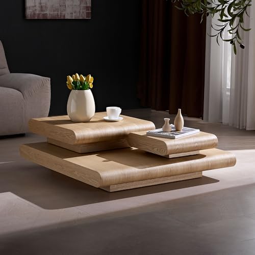 39.37" Modular Stacking Coffee Table for Living Room, Modern 3-Piece Wooden Square Center Table with Natural Wood Look, Tea Table for Apartment, No Need Assembly (Natural) - color: 39.37" Modular Stacking Coffee Table