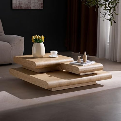 39.37" Modular Stacking Coffee Table for Living Room, Modern 3-Piece Wooden Square Center Table with Natural Wood Look, Tea Table for Apartment, No Need Assembly (Natural) - color: 39.37" Modular Stacking Coffee Table