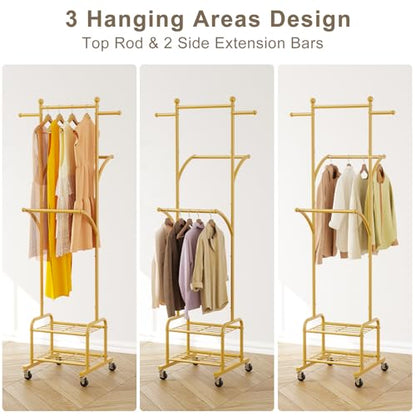 Rolling Clothes Rack with 2 Shelves, Small Gold Clothing Rack with Wheels | Gasvadivum 71" Tall Sturdy Metal Garment Rack with 3 Hanging Rods, Freestanding Portable Coat Rack for Bedroom, Entryway - color: Gold