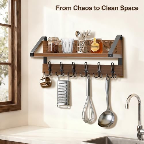 WGFKVAS 2 in 1 Coat Rack Wall Mount with Shelf | 6-Double Hook Wall Hooks with Shelf, Rustic Brown 15" Wood Organizer for Entryway, Living Room, Bedroom, Hallway