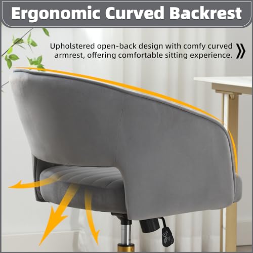 Desk Chair with Wheels, Gold Base, Velvet Accent Vanity Armchair, Grey | Spacious‌ Soft Seat, Swivel Height Adjustable, Rocking Function, Modern Stripe for Girls &Women Bedroom Makeup or Nail - color: Grey Velvet