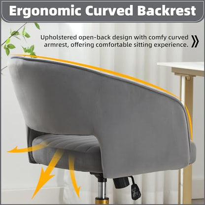 Desk Chair with Wheels, Gold Base, Velvet Accent Vanity Armchair, Grey | Spacious‌ Soft Seat, Swivel Height Adjustable, Rocking Function, Modern Stripe for Girls &Women Bedroom Makeup or Nail - color: Grey Velvet