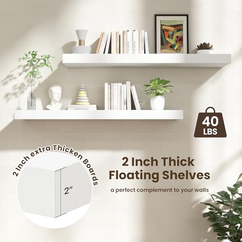 48 Inch Floating Shelves, 12'' Deep White Shelves for Wall Set of 2 | Invisible Brackets, Engineered Wood, Mounting Hardware Included, 50LBS, Bathroom, Laundry Room, Kitchen, Living Room - color: White, size: 48W x 11.6D x 2H, 2 Pack