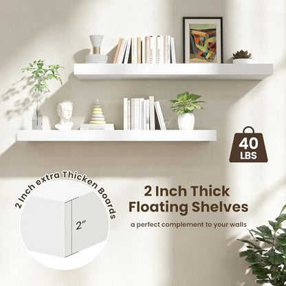 48 Inch Floating Shelves, 12'' Deep White Shelves for Wall Set of 2 | Invisible Brackets, Engineered Wood, Mounting Hardware Included, 50LBS, Bathroom, Laundry Room, Kitchen, Living Room - color: White, size: 48W x 11.6D x 2H, 2 Pack