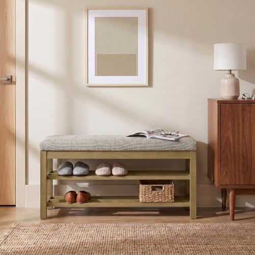 VKNOW 44.3” Entryway Bench, 2-Tier Upholstered Shoe Storage Bench, Brown | Shoe Bench with Rubberwood Legs, Shoe Rack for Entryway, Hallway, End of Bed, Living Room - color: Brown1