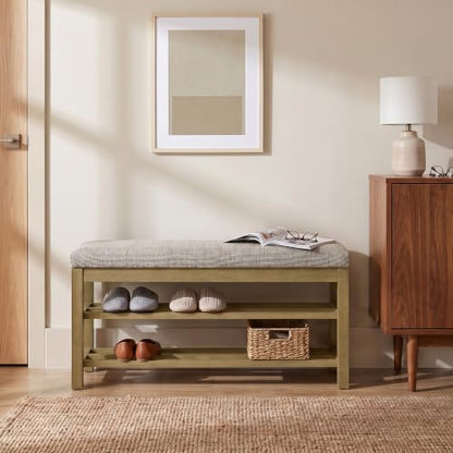 VKNOW 44.3” Entryway Bench, 2-Tier Upholstered Shoe Storage Bench, Brown | Shoe Bench with Rubberwood Legs, Shoe Rack for Entryway, Hallway, End of Bed, Living Room - color: Brown1