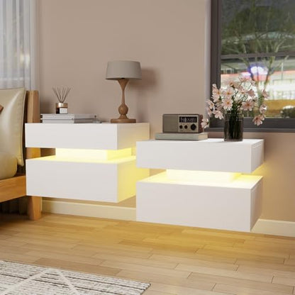 Floating Nightstand Set of 2,Modern Bedside Tables with LED Light for Bedroom,Small Night Stands with Drawers, Wall Mounted End SideTables Set for Living Room - color: White