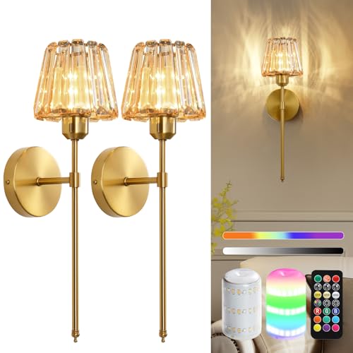 Battery Operated Crystal Wall Sconce Set of 2, Amber Rechargeable Wireless Wall Sconces with Remote Dimmable 12 Colors Modes Led Wall Lights for Bedroom Living Room Hallway, 2 Bulbs Included - color: Amber