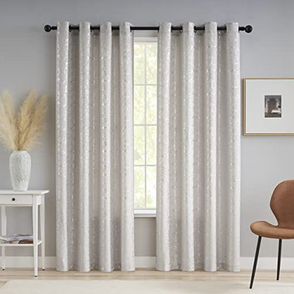 Taisier Home Silver Foil Print Linen Textured Curtains Geometric Dots Pattern Design Curtains for Nursery Toy Room Thermal Insulated Window Treatment 2 Panels 45" L,Beige and Silver Drapes Print - color: Greyish Beige/Silver, size: 52"W x 45"L (Pack of 2)