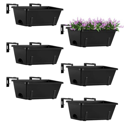 ETELI Railing Planter Hanging Planter Box with Brackets Set 6, Black | Adjustable with Drainage Holes for Deck Garden Window Fence - color: All Black