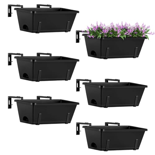 ETELI Railing Planter Hanging Planter Box with Brackets Set 6, Black | Adjustable with Drainage Holes for Deck Garden Window Fence - color: All Black