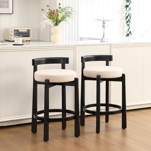 HEAH-YO Mid Century Modern Bar Stools Set of 2, 26.5" Counter Stools with Low Back, Linen Upholstered Barstools with Black Wood Legs Bar Chairs for Kitchen Island Dining Room, Beige - color: 26.5" Beige Linen Black Wood, size: Counter Height - Set of 2