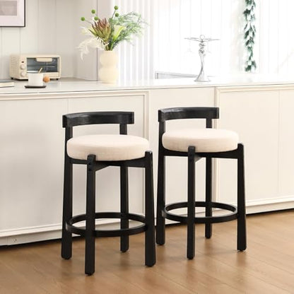 HEAH-YO Mid Century Modern Bar Stools Set of 2, 26.5" Counter Stools with Low Back, Linen Upholstered Barstools with Black Wood Legs Bar Chairs for Kitchen Island Dining Room, Beige - color: 26.5" Beige Linen Black Wood, size: Counter Height - Set of 2