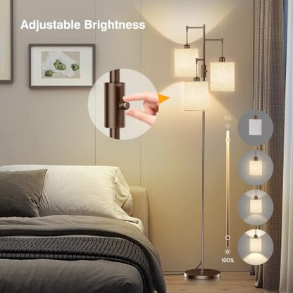 Dimmable Floor Lamp, Tall Standing Lamp with Linen Shade, Industrial Tree Floor Lamps for Living Room Bedroom Office, 3 x 1000LM LED Bulbs Included
