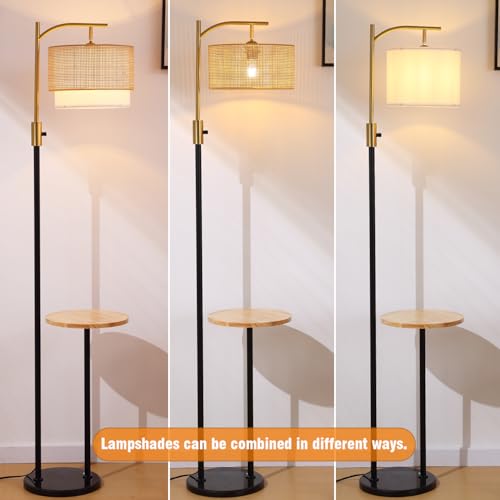 Dimmable Floor Lamp with Table and Marble Base, Arc Floor Lamp with Bulb, Boho Farmhouse Standing lamp with Fabric & Bamboo Shades for Living Room Bedroom - color: Black and Gold 03