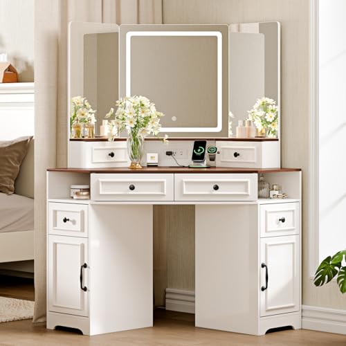 Corner Vanity Desk with Mirror and Lights,Makeup Vanities with Power Outlet and 6 Drawers, 3 Light Settings, Dimmable for Women Girls, Bedroom, White - color: White