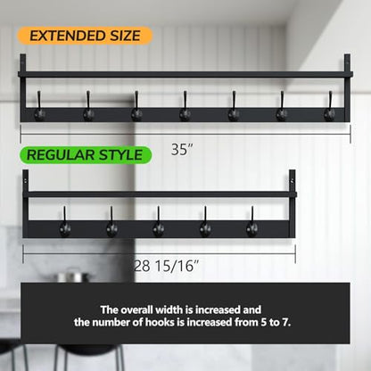 BAMEOS Wall Hooks with Shelf 35 Inch Length Entryway Hanging Shelf Wood Coat Hooks Wall-Mounted Coat Hook Rack with 7 Dual Hooks for Bathroom, Living Room, Bedroom (Black) - style: Black-35IN with shelf